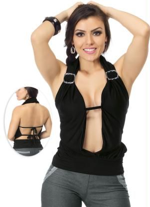 1209386 Blusa Preta Frente Única com Detalhes